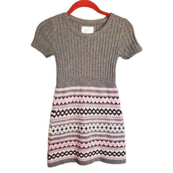 Justice Girls Knit Dress 10 Pink Gray Fair Isle Short Sleeve Sweater Dress Y2K - Picture 3 of 4
